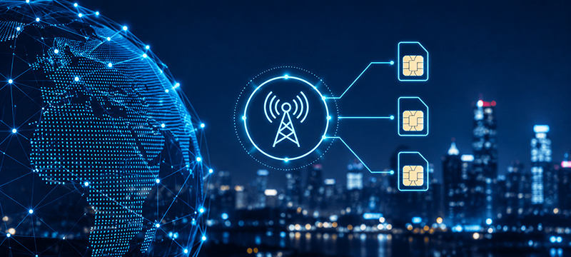 Illustration of a global mobile network with a connected digital globe, wireless communication tower, and multiple SIM cards against a nighttime city skyline, representing mobile virtual network enablement and global IoT connectivity.