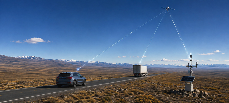 vehicles communicating with a satellite on a road in a remote area